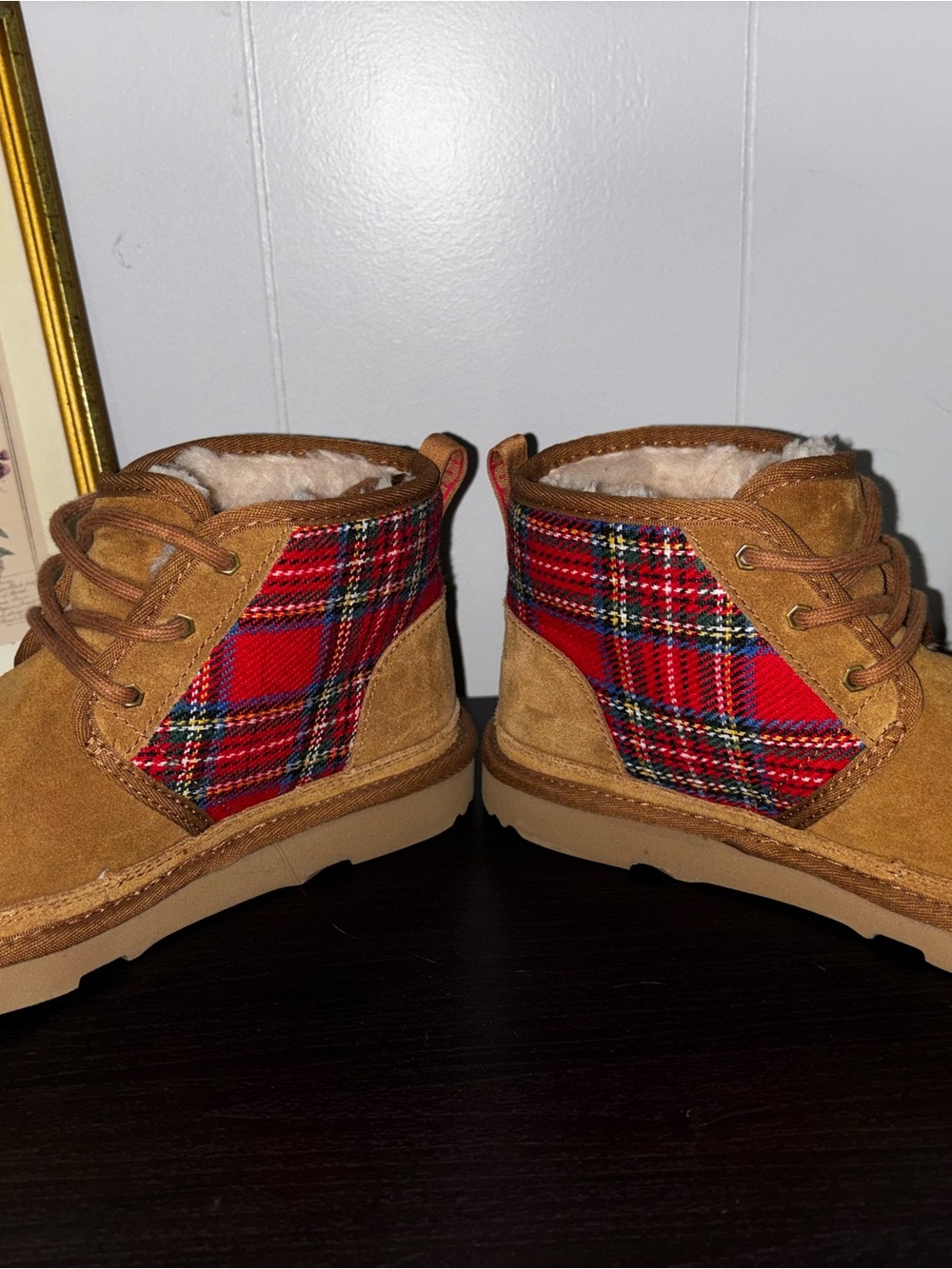 UGG Kids Chestnut Suede Boots with Red Plaid Panels